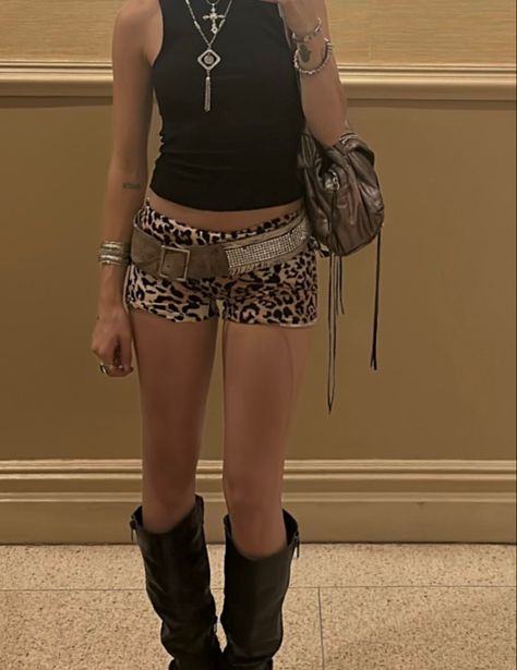 Teddy Outfit Lace, Black Top Concert Outfit, Weho Night Outfit, Shorts With Leggings Underneath, Snake Print Shorts Outfit, Festival Boots Outfit, Summer Outside Concert Outfit, Cochella Outfits Inspiration 2024, Edm Party Outfit