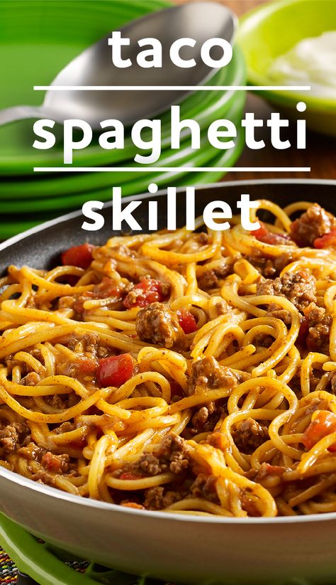 Taco Spaghetti Skillet | Can't decide between tacos or spaghetti for dinner tonight? You don't have to when you make this Taco Spaghetti Skillet recipe! Recipe Finder By Ingredients, Macaroni Salads, Complete Meals, Taco Spaghetti, Italian Stallion, Ready Set Eat, Recipe List, Skillet Dishes, Lake Food