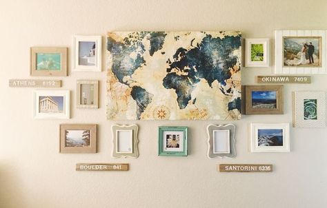 DIY Home decor : Travel gallery wall | adventures | explore | wanderlust | Adventure Decor Living Room, Living Room Travel Theme, Travel Themed Dining Room, Travel Themed Gallery Wall, Travel Gallery Wall Ideas With Map, Travel Collage Wall, Travel Theme Living Room, Travel Gallery Wall Ideas, Travel Photo Wall Ideas