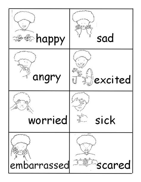 I think that being able to sign feelings can be very beneficial in the early childhood classroom. Children often have trouble expressing their feelings and this helps them to do so. This is something that I would like to teach my students now. Asl Emotions, Makaton Printables, Sign Language For Toddlers, Makaton Signs, Simple Sign Language, Asl Sign Language Words, Sign Language Chart, Sign Language For Kids, Sign Language Lessons