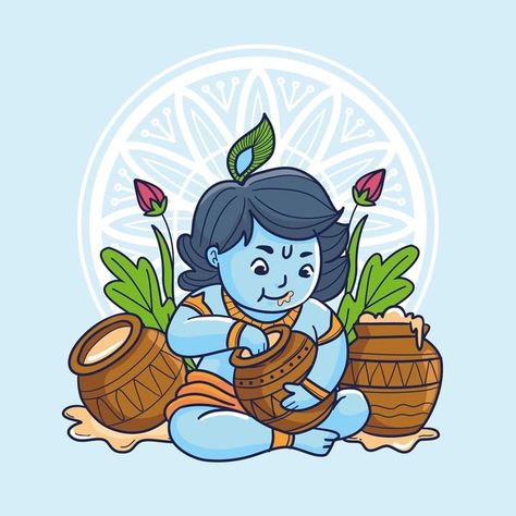 Cartoon illustration of baby krishna eat... | Free Vector #Freepik #freevector #cartoon #event #religion #illustrations Kanha Illustration, Radha Krishna Cartoon Drawing, God Illustrations Krishna, Krishna Illustration Art, Krishna Cute Drawing, Baby Krishna Painting, Janmashtami Illustration, Baby Krishna Drawing, Little Krishna Cartoon