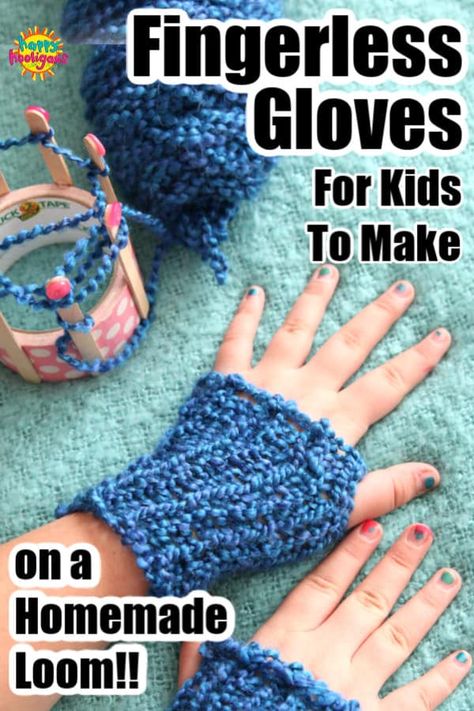 Kids can make these awesome fingerless gloves in under an hour. All you need is a cardboard container, popsicle sticks and yarn! #HappyHooligans #Yarn #Craft #Kids #Teen #Tween #Knitting #FrenchKnitting #Loom #Knitting #Homemade #Fingerless #Gloves #Activity #CraftCamp #CampCraft Parkinson Activities, Loom Knit Fingerless Gloves, Fingerless Gloves Free Pattern, Gloves Free Pattern, Crochet Fingerless Gloves Free Pattern, Happy Hooligans, Knit Fingerless Gloves, Knitting Bag Pattern, Loom Projects