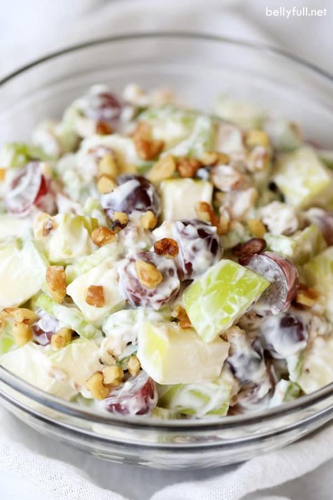 This Creamy Waldorf Salad has apples, grapes, celery, walnuts, and a wonderful sweet dressing. Serve in bowls or on Bibb lettuce. #waldorfsalad #waldorfsaladrecipe #pecancrunchgrapesalad #fruitsalad #grapesalad #applewalnutsalad #salad Waldorf Salad Dressing, Best Waldorf Salad Recipe, Waldorf Salad Recipe, Apple Walnut Salad, Sweet Dressing, Waldorf Salad, Recipe Salad, Creamy Dressing, Grape Salad