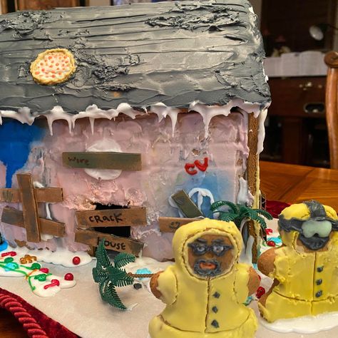 Check out the best and brightest funny gingerbread houses here—from Halloween themes to a Schitt's Creek motel remake. Feast your eyes on this Breaking Bad Gingerbread House, where gingerbread Jesse Pinkman steals the show. Breaking Bad Gingerbread House, Silly Gingerbread House, Gingerbread House Meme Funny, Funny Ginger Bread Houses, Interesting Gingerbread Houses, Christmas Movie Themed Gingerbread House, Gingerbread Trap House Ideas, Gingerbread House Themes Funny, Weird Gingerbread Houses