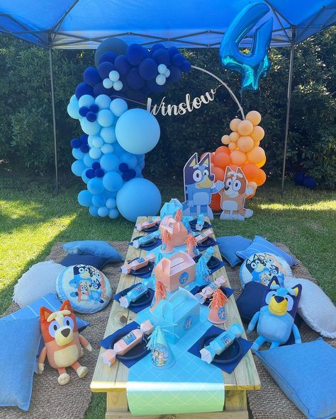 Outside Kids Birthday Party Ideas, Outside Bluey Party, Two Bluey Birthday, Bluey Birthday Tea Party, Bluey Outdoor Birthday Party, Backyard Bluey Party, Bluey Birthday Beach Party, Bluey Graduation Party, Blues Birthday Theme