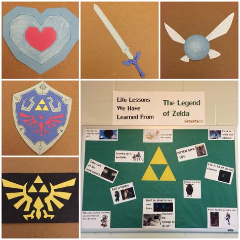 Zelda themed RA bulletin board and door tags. Decided to have a fun bulletin board this month and did "Life Lessons" just wished my board was bigger Zelda Classroom Theme, Hall Themes, Ra Decorations, Ra Door Tags, Ra Door Decs, Ra Themes, Ra Bulletins, Ra Boards, Ra Bulletin Boards