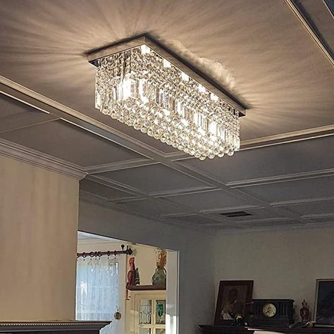 Flush Mount Rectangular Lighting, Flush Chandelier Living Room, Small Chandelier Dining, Rectangle Chandelier Dining Room, Rectangular Chandelier Dining Rooms, Flush Mount Chandeliers, Flush Chandelier, Pvc Ceiling Design, Rectangular Chandelier