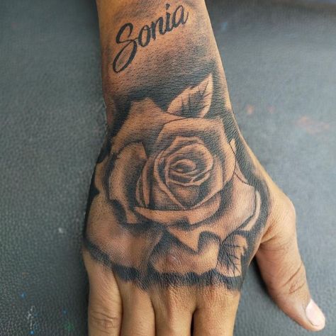 Flower Hand Tattoo, Small Tattoo Ideas For Men, Unique Hand Tattoos, Arm Tattoos Black, Tattoo Script Fonts, Cool Half Sleeve Tattoos, Rose Hand Tattoo, Hand And Finger Tattoos, Palm Tattoos