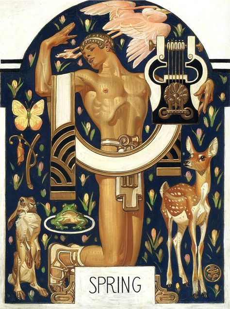 This gorgeous Art-Deco style illustration by J C Leyendecker from 1929 shows Spring represented as a Greek god. Joseph Christian Leyendecker, Arte Art Deco, Graphisches Design, Arte Inspo, Norman Rockwell, Estilo Art Deco, Art Deco Art, Poster Retro, Gay Art