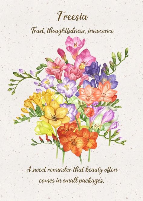 'Freesia Flower Language' Poster by XandYart | Displate Pretty Flower Names, Freesia Bouquet, Freesia Flower, Flower Language, Freesia Flowers, Different Types Of Flowers, Flower Guide, Flower Meanings, Victorian Flowers