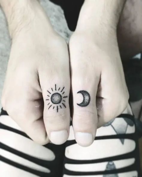 37 Enchanting Moon Tattoo Designs And What They Mean Sun And The Moon Tattoo, Moon Finger Tattoo, The Moon Tattoo, Wedding Band Tattoo, Thumb Tattoos, Small Moon Tattoos, Finger Tattoo For Women, Hand And Finger Tattoos, Ring Finger Tattoos