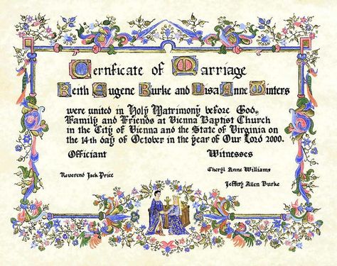 Medieval-inspired illuminated wedding certificate --it is painted in gouache on calligraphy paper, with 24ct gilding on PVA-based size, and measures 35.5 x 28cm (14" x 11") http://www.goldgryph.com/commissions.htm Calligraphy Certificate, Era Medieval, Illustrated Manuscript, Calligraphy Paper, Wedding Certificate, Modern Inspiration, Medieval Wedding, Marriage Certificate, Wedding Invitations Rustic