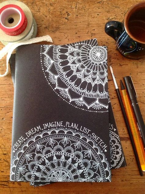 Notebook Cover Design, Sketchbook Cover, Hobby Ideas, Kunst Inspiration, Mandala Design Art, Mandala Drawing, Zentangle Art, Zentangle Patterns, Craft Diy