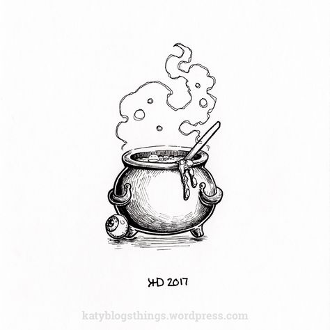 Witches Couldren Drawings, Small Cauldron Tattoo, Cute Cauldron Drawing, Spooky Candle Drawing, Halloween Cauldron Drawing, Halloween Ink Drawings, Cauldron Drawing Simple, Witches Cauldron Drawing, Bubbling Cauldron Drawing