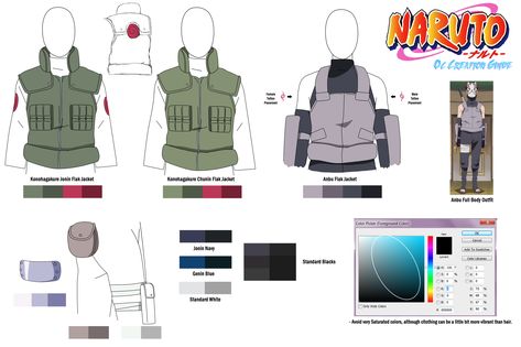 Naruto Character Guide: Konoha Uniforms and Colors by anniberri How To Draw Naruto Style, Naruto Jonin Uniform, Shinobi Outfit, Oc Guide, Naruto Character Creator, Ninja Tools, Naruto Clans, Character Guide, Naruto Costumes