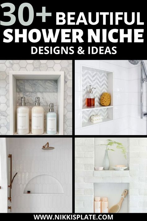 30+ Beautiful Shower Niche Designs and Ideas; Looking for perfect farmhouse shower niche ideas? I have you covered in this post all about shower niche tile ideas. Farmhouse shower niche ideas for an organization solution in your bathroom. The perfect place for your shampoos, conditioner and soaps! Niche Tile Ideas, Shower Niche Tile, Bathroom Niche Design, Shower Niche Tile Ideas, Niche Decor Ideas, Niche Decorating Ideas, Bathroom Niche Ideas, Shower Niche Ideas, Master Shower Tile