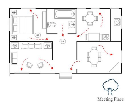 Safety Access Plan with Meeting Place | EdrawMax Free Editable Template Evacuation Plan House, Emergency Escape Plan, Fire Escape Plan, Hazard Map, Emergency Evacuation Plan, Line Art Projects, Emergency Planning, Evacuation Plan, Community Signs