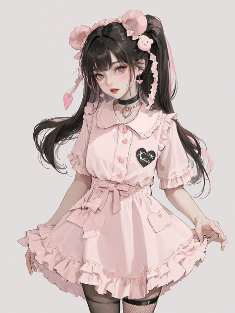 Anime Pink Outfit, Anime Fashion Outfits, Cute Anime Outfits, Pink Twitter, Anime Jacket, Anime Inspired Outfits, Japan Girl, Digital Art Anime