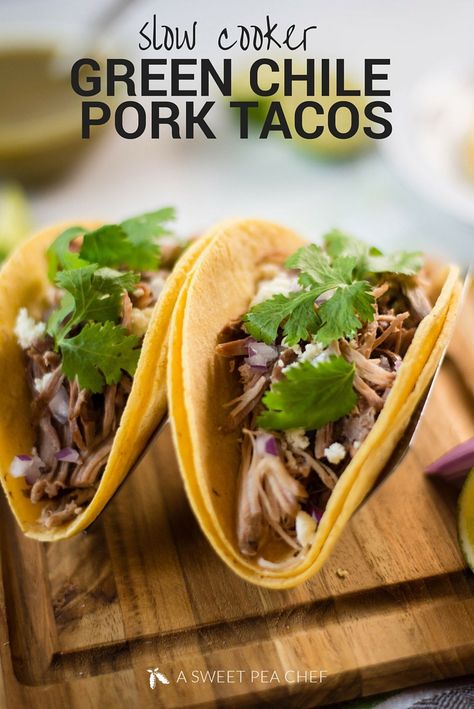 Slow Cooker Green Chile Pork Tacos | A healthy and easy way to get your green chile pork tacos fix at home! www.asweetpeachef.com Green Chile Pork, Recipes Slow Cooker, Pork Tacos, Healthy Slow Cooker, Slow Cooker Recipes Healthy, Crockpot Meals, Green Chile, Slow Cooking, Mexican Recipes