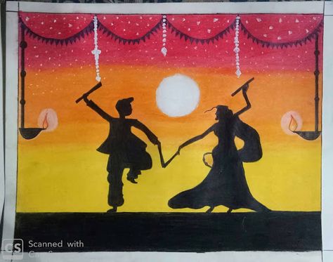 Navratri Drawing Painting, Navratri Chart Ideas For School, Navratri Canvas Painting, Dandiya Painting, Navratri Painting Ideas Easy, Navratri Rangoli Ideas, Dandiya Drawing, Navaratri Drawings, Navratri Painting Ideas