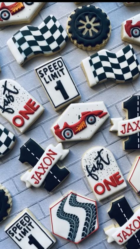 First Trip Around The Track Birthday, Fast One Birthday Cupcakes, Fast One Birthday Food Ideas, Racecar Cupcakes Ideas, Racing 1st Birthday Party, Racecar 1st Birthday, Baby First Birthday Themes, First Birthday Cookies, 2nd Birthday Party For Boys