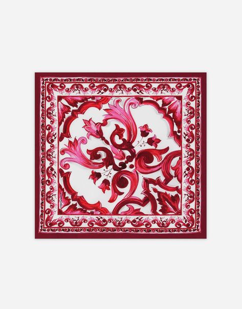 Majolica Print, Denim Background, Flora Print, Silk Pattern, Scarf Design, Silk Twill, Shades Of Red, Silk Printing, Dolce And Gabbana