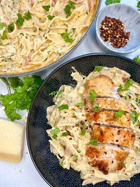 Chicken Tagliatelle Recipes, Chicken Tagliatelle, Garlic Baguette, Crispy Parmesan Chicken, Tagliatelle Recipe, Tagliatelle Pasta, Boiled Chicken, Home Still, Parmesan Chicken