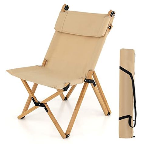 COSTWAY Folding Camping Chair, Portable High Back Bamboo Garden Chairs with 2-Level Adjustable Backrest and Carrying Bag, Outdoor Canvas Lawn Chair for Patio Picnic Beach Patio Picnic, Bamboo Construction, Folding Camping Chairs, Bamboo Chair, Bamboo Garden, Outdoor Canvas, Camping Chair, Aerial Yoga, Bamboo Frame