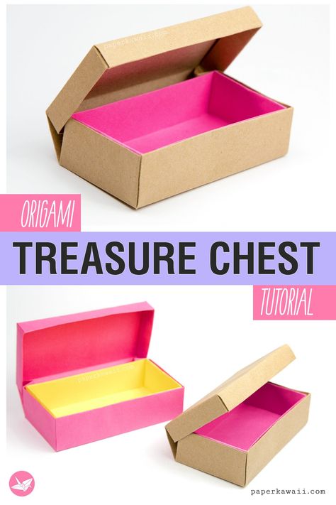 Origami Treasure Chest, How Do You Make A Box Out Of Paper, Origami Box Tutorial With Lid, Fold A Box Out Of Paper, Paper Box Folding, Origami Rectangle Box Tutorial, How To Make A Box For Gift, Diy Candy Box Gift, How To Make A Box With Paper