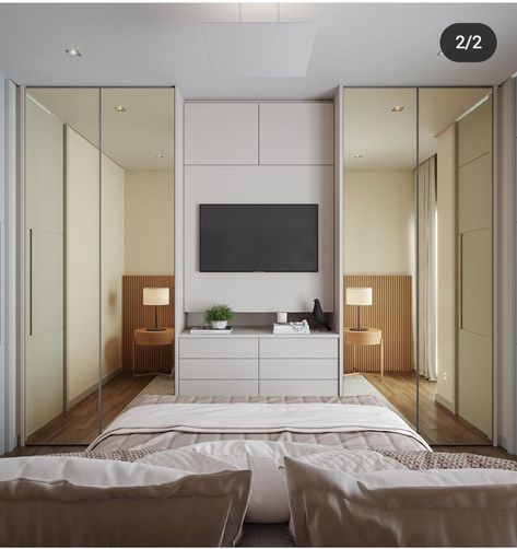 Closet In Front Of Bed, Closet With Mirror In The Middle, Bedroom Closet Tv, Closet Designs With Tv, Wardrobe In Front Of Bed, Bedroom Fitted Wardrobe Ideas With Tv, Wardrobe Above Bed, Closet With Tv In The Middle, Closet Con Tv