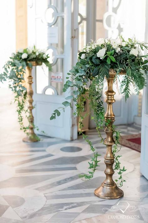 Decorating Stage For Wedding, Alter Flowers For Church, Simple Wedding Entrance Decor, Simple Church Decorations Wedding, Church Entrance Flowers, Floral Urns Wedding, Altar Arrangements Wedding, Wedding Alter Ideas Church, Simple Wedding Church Decorations