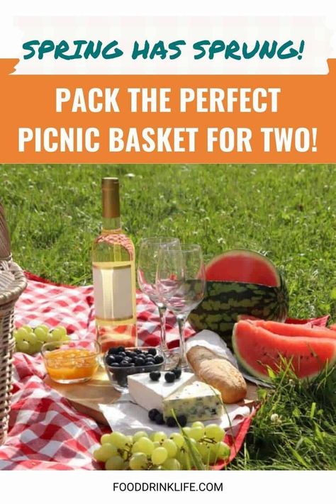 Promotional image for a picnic featuring a basket with wine, grapes, bread, salmon, and watermelon on a grassy field, with text "Spring has sprung! Pack the perfect picnic basket for How To Pack A Picnic Basket Food, Perfect Picnic Basket, Family Harmony, Fancy Dinner Party, Fizzy Drink, Fig Jam, Artisan Cheese, Promotional Image, Dinner Party Recipes