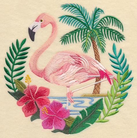 Flamingo Scene design (K9058) from www.Emblibrary.com Flamingo Bag, Embroidered Quilts, Flamingo Art, Paper Embroidery, 자수 디자인, Free Machine Embroidery Designs, Embroidery Library, Free Machine Embroidery, Pink Flamingo