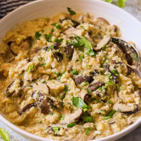 Instant Pot Paleo Cauliflower Mushroom Risotto (Whole30, Vegan, AIP) Paleo Risotto, Cauliflower Risotto Recipes, Aip Vegan, Cauliflower Mushroom, Paleo Cauliflower, Cauliflower Risotto, Mushroom Risotto Recipes, Vegan Keto Recipes, Keto Vegan