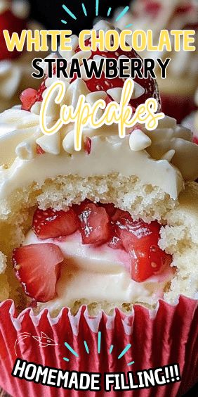 White Chocolate Strawberry Cupcakes Strawberry Cake Cups Layered, White Chocolate Strawberry Cupcakes, Strawberry Cupcakes From Scratch, Chocolate Strawberry Cupcakes, Strawberry Cheesecake Cupcakes, Chocolate Strawberry Cheesecake, White Chocolate Cupcakes, White Chocolate Shavings, White Chocolate Strawberries