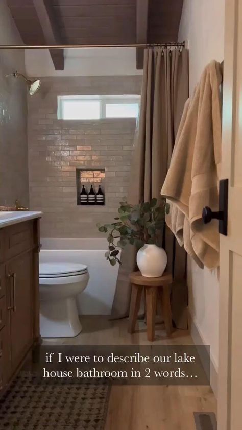 Alley Bathroom Remodel, Guest Bathroom Ideas Shower Tub Combo, Natural Colors Bathroom, Neutral Guest Bathroom Ideas, Casitas Guest House Interior Design, Organic Earthy Bathroom, Bathroom Decor Brown Cabinets, Guest Bathroom Aesthetic, Bathroom Remodel Ideas 2023