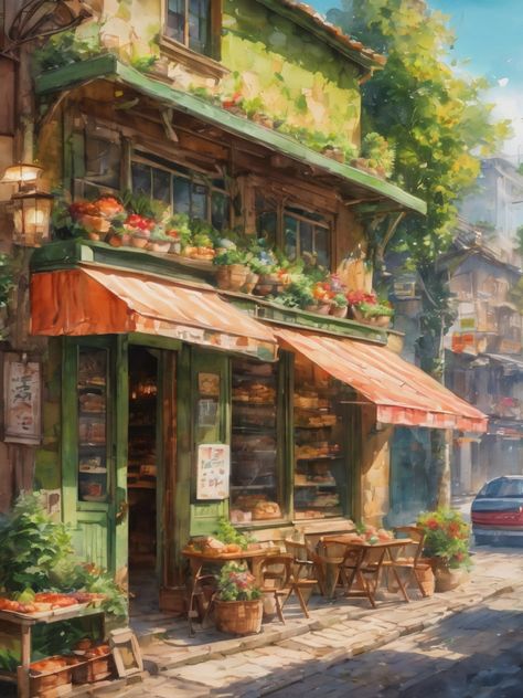 Cute vintage roadside bakery ,green color scheme, AI art, Watercolor painting, landscape art Magical Bakery Aesthetic, Fairy Bakery Aesthetic, Bakery Fantasy Art, Watercolor Cafe Shop, Fantasy Bakery Concept Art, Fantasy Bakery Aesthetic, Green Bakery Aesthetic, Bakery Shop Design Vintage, Cute Bakery Exterior