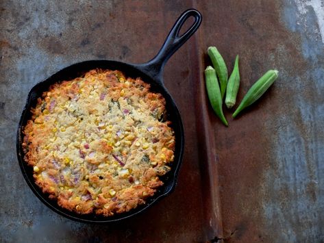 Okra Cornbread - Edible Communities Okra Cornbread, Okra Patties Recipe, Okra Patties, Pepper Varieties, Okra And Tomatoes, Southern Cookbook, Bread Ideas, Okra Recipes, Patties Recipe