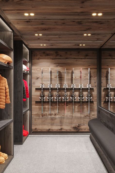 SKIROOM CHALET | LUXE INTERIORS | FRENCH ALPS | MAAM STUDIO Ski House Mudroom, Ski Mud Room, Ski Chalet Interior Design, Cabin Mud Room, Ski Lodge Interior, Modern Ski House, Ski Chalet Interior, Mountain Living Room, Modern Cabin Interior