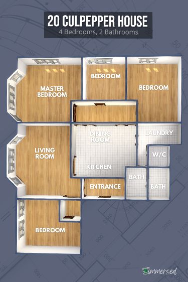 . Download this modern house with 4 bedrooms, 2.5 bathrooms, and a pool. #thesims4 #sims4 #sims #house #floorplan#3DArchitecture #InteriorDesign #ArchitecturalRendering #HomeDesign #VirtualDesign #3DVisualization #InteriorDecor #DesignInspiration #RenderedInteriors #DesignServices Laundry Floor Plan, 20 Culpepper House, Culpepper House, Sims 4 Houses Layout, Lotes The Sims 4, Bedroom Floor Plan, Sims Challenge, Laundry Floor, San Myshuno