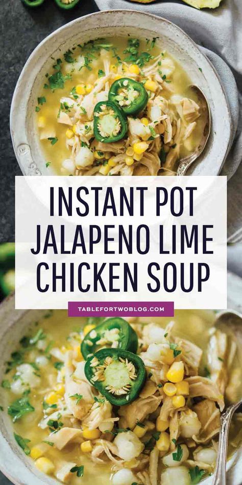 This Instant Pot jalapeño lime chicken soup is beyond flavorful! The spicy broth has hearty additions of hominy, corn, and shredded chicken. Put this all together in less than an hour! #instantpot #instantpotrecipes #pressurecooker #pressurecookerrecipes #eatthis #makethisnow #soup #souprecipes #chickenrecipes Jalapeno Lime Chicken, Pressure Cooker Soup, Pressure Cooker Soup Recipes, Spicy Broth, Quick And Easy Soup, Spicy Soup, Instant Pot Soup Recipes, Instant Pot Soup, Instant Pot Dinner Recipes