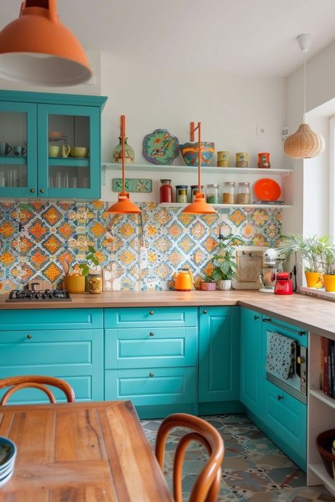 Pine Butcher Block Countertops, Walnut Butcher Block Countertops, Block Countertops, Butcher Block Countertop, Funky Kitchen, Mexican Kitchen Decor, Makeover Kitchen, Teal Kitchen, Eclectic Kitchen