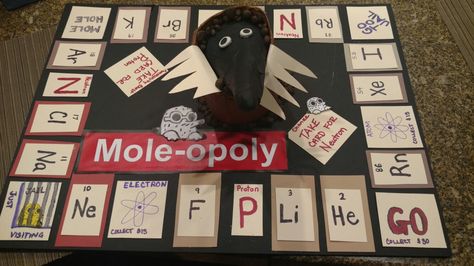 Mole day mole-opoly Mole Day Ideas Chemistry, Mole Day Chemistry, Chemistry Mole Project Ideas, Mole Chemistry Project, Mole Project Chemistry Ideas, Mole Day Projects Chemistry, Mole Day Projects, Mole Science, Chemistry Project Ideas