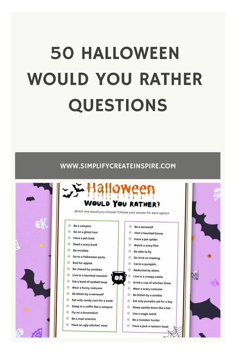 This list of 50 Halloween “Would You Rather” questions is designed to bring out the chills and laughs with a free printable Halloween would you rather game. Conversation Starters For Kids, Halloween Party Planning, Christmas Party Planning, Would You Rather Game, Fun Halloween Party Games, Questions For Kids, Fun Halloween Games, Free Printable Halloween, Rather Questions