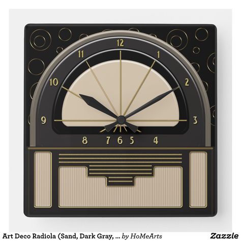 Art Deco Radiola (Sand, Dark Gray, Black, Gold) Square Wall Clock Art Deco Shelves, Dark Deco, Art Deco Industrial, Art Deco Clock, Deco Decor, Art Deco Bedroom, Art Deco Bathroom, Art Deco Wall, Art Deco 1920s