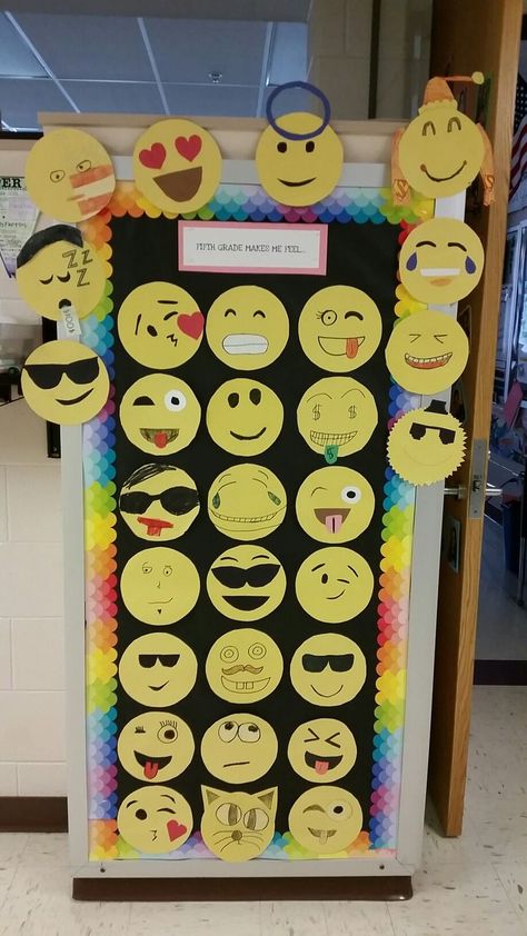 Feelings Bulletin Board Ideas, Emoji Bulletin Board, Emoji Classroom Theme, Classroom Template, Library Bulletin Boards, School Doors, Emoji Party, Classroom Bulletin Boards, School Bulletin Boards