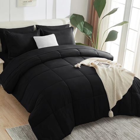 PRICES MAY VARY. Elaborate Design: This Twin Extra Long Comforter Set includes a fitted sheet with a pocket for mattresses up to 14" deep, envelope closure pillowcases to keep your pillows secure, and the comforter features durable box stitching which offers sophisticated look alongside simplicity and will also stable inside filling. Perfect for All Seasons: Made with premium microfiber fabric which is breathable and sweat-absorbent. And also the comforter is filled with extremely soft down alte Black Bedding Sets, Full Size Comforter Sets, Black Bed Set, Twin Size Comforter, Full Size Comforter, Quilted Comforter, Full Comforter Sets, King Size Comforter Sets, Black Comforter