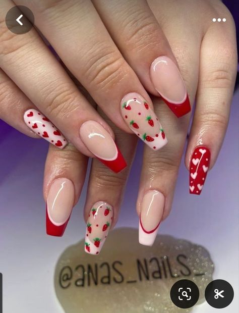 Strawberry Nails Acrylic, Strawberries Nails, Strawberry Nail Art, Fruit Nail Designs, Berry Nails, Summery Nails, Classy Acrylic Nails, Her Nails, Dream Nails