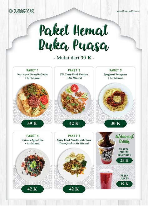 Promo Paket Hemat Menu Ramadhan 2018 Stillwater Coffee & Co Iftar Menu Ideas, Ramadan Menu Design, Menu Ramadhan, Papan Menu, Food Promotion, Ramen Restaurant, Food Menu Template, Supermarket Design, Food Menu Design