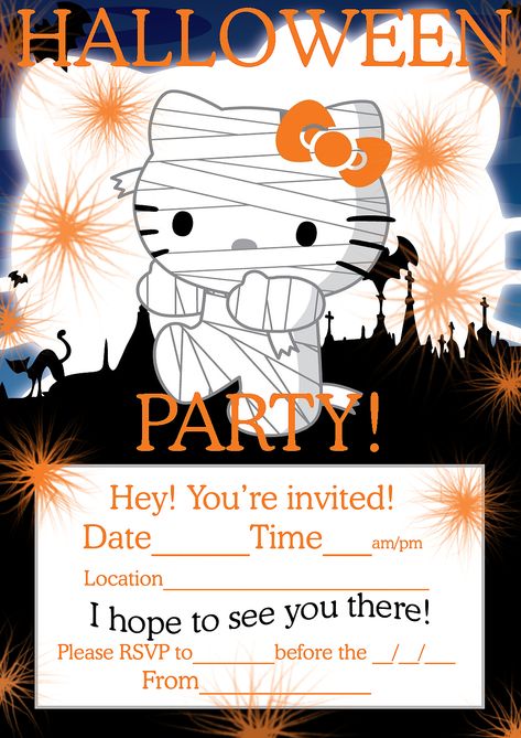 Hello Kitty Sleepover, Hello Kitty Printable, Hello Kitty Invitation Card, Printable Hello Kitty, Hello Kitty Birthday Invitations, Hello Kitty Invitations, Halloween Invitaciones, Printable Halloween Invitations, Halloween Birthday Party Invitations